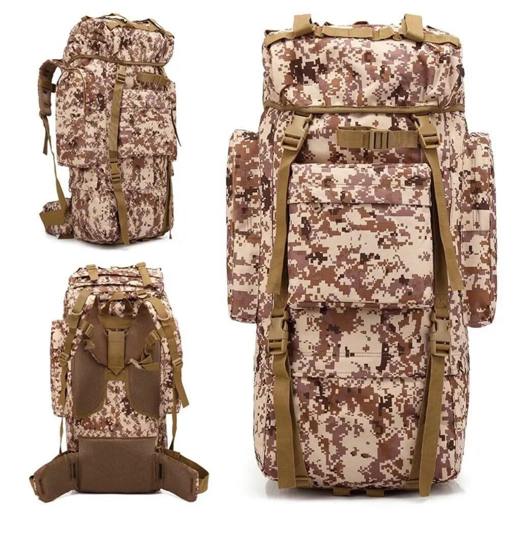 Camouflage backpack with brown straps on a white background