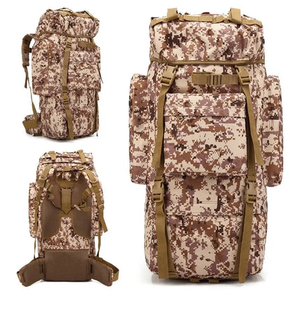 Camouflage backpack with brown straps on a white background