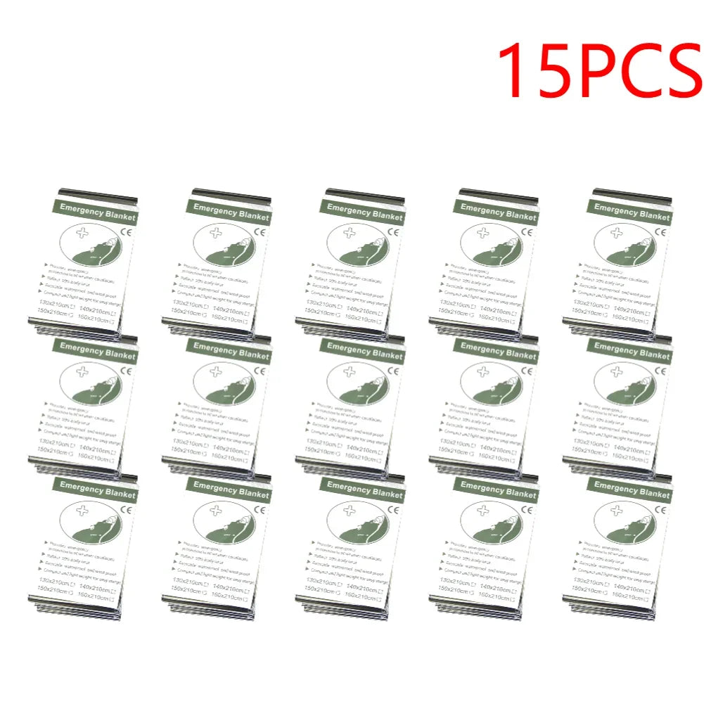Packaging of 15 emergency blankets with green and white design on a white background.