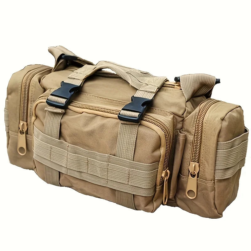 Tan tactical bag with multiple compartments and straps on a white background