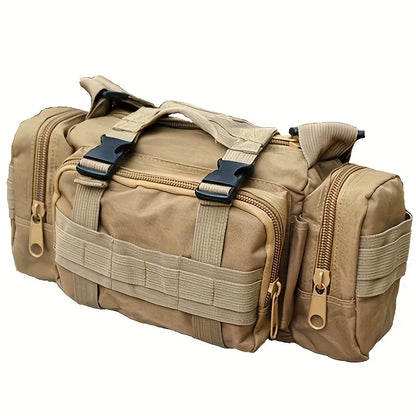 Tan tactical bag with multiple compartments and straps on a white background