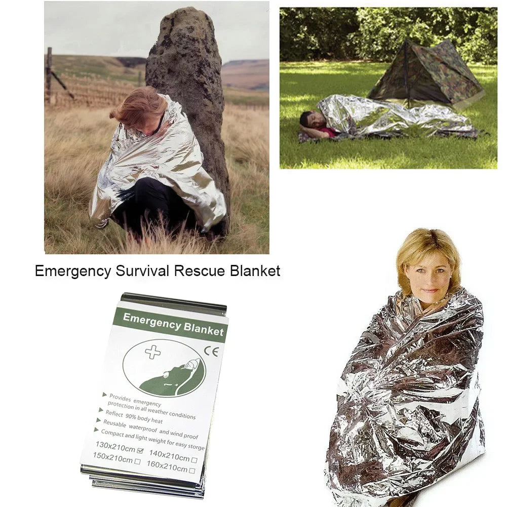 Emergency survival rescue blanket with people using it in various scenarios.