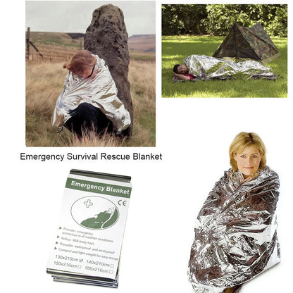 Emergency survival rescue blanket with people using it in various scenarios.