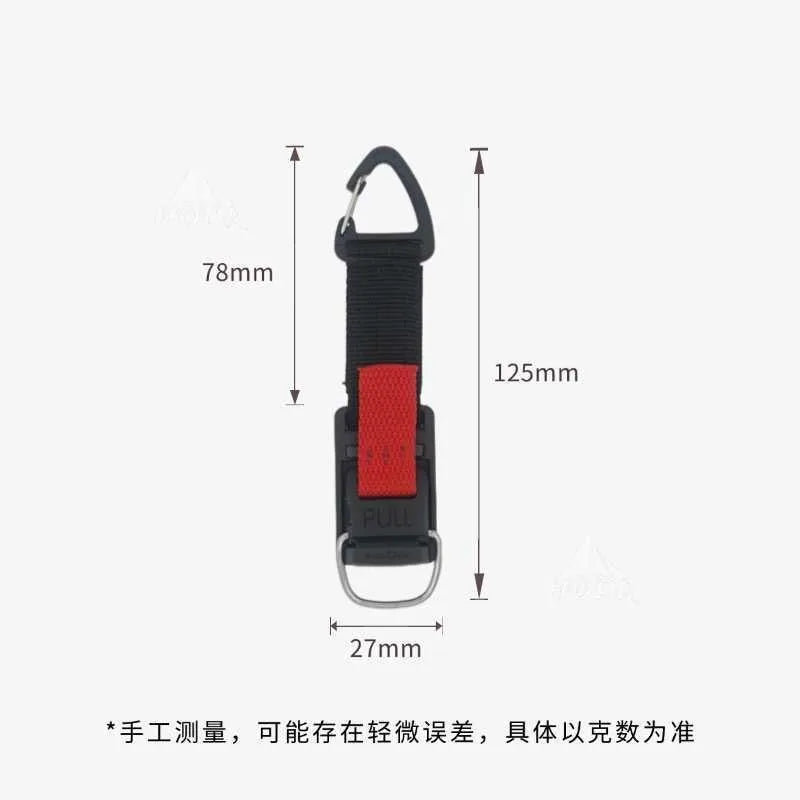A black adjustable strap with a red rectangular panel and silver metal carabiner and ring hardware, shown on a light gray background with measurement labels: 78mm, 125mm, and 27mm.