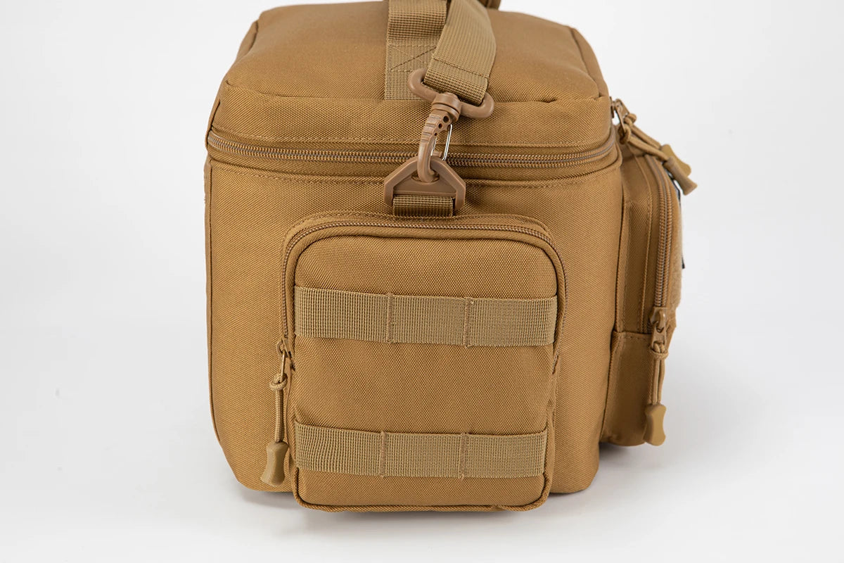 Tan tactical bag with multiple straps on a white background