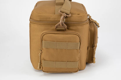 Tan tactical bag with multiple straps on a white background