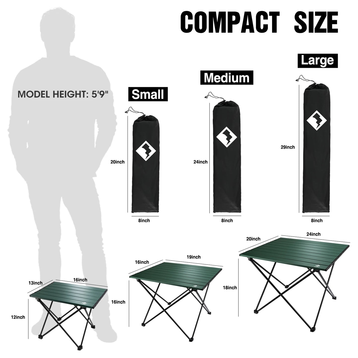 Camping table with size comparison to a person and different sizes shown.