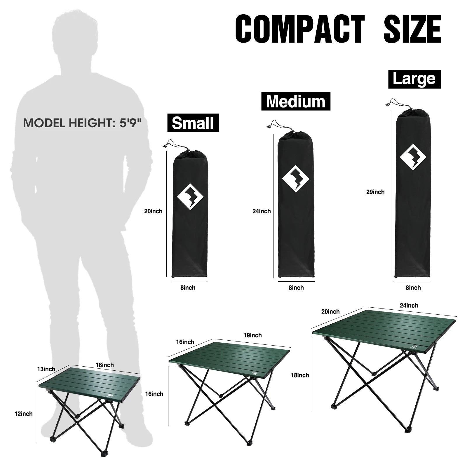 Camping table with size comparison to a person and different sizes shown.