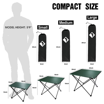 Camping table with size comparison to a person and different sizes shown.