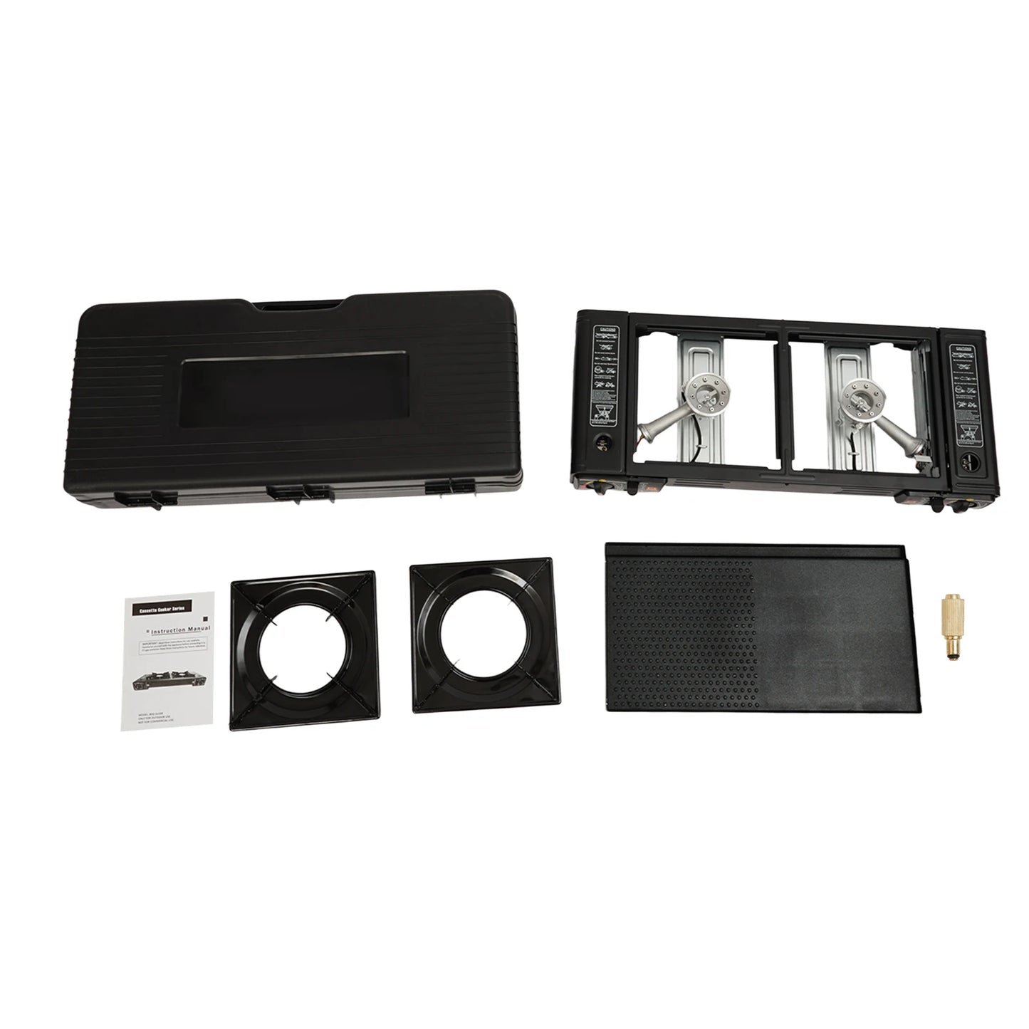 Collection of black kitchen appliance parts on a white background