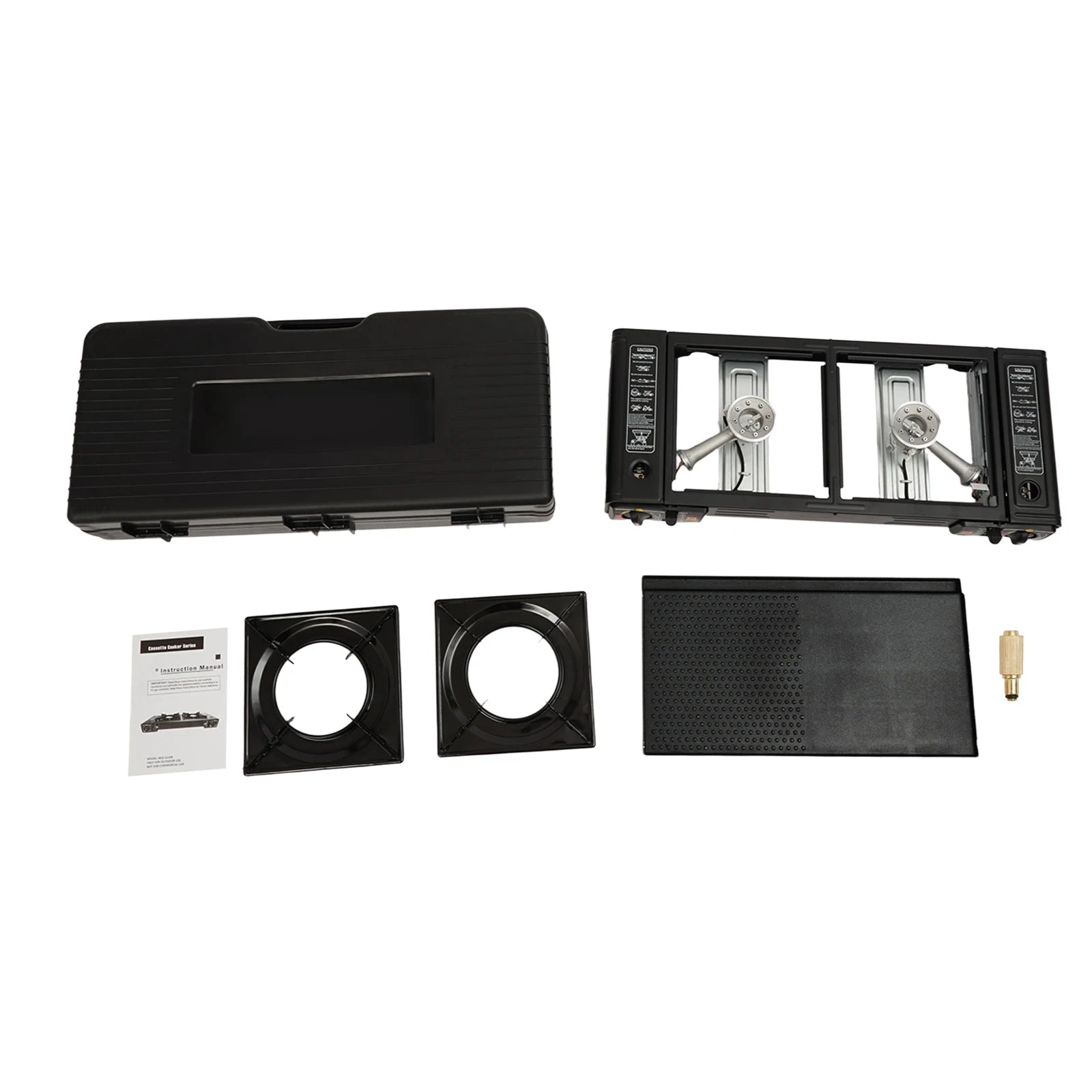 Collection of black kitchen appliance parts on a white background