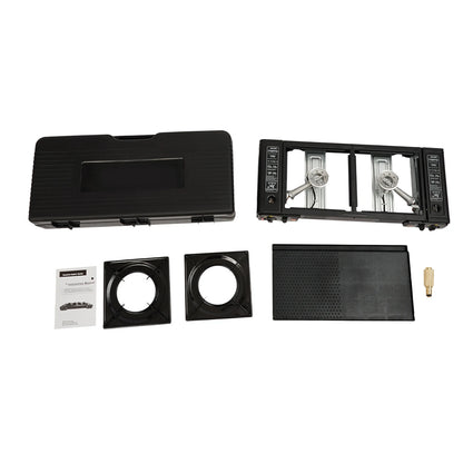 Collection of black kitchen appliance parts on a white background