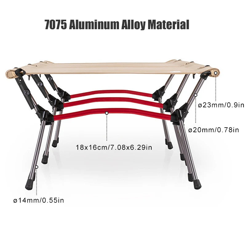 Foldable table with 7075 aluminum alloy material and dimensions on a white background