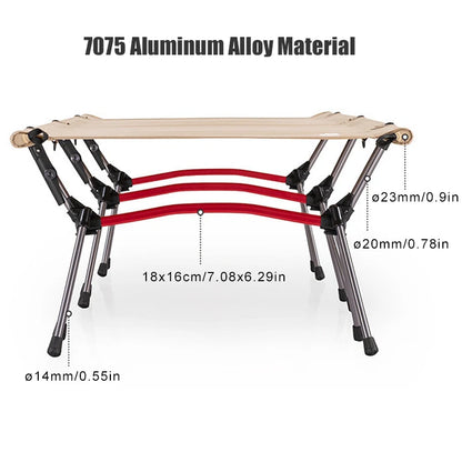 Foldable table with 7075 aluminum alloy material and dimensions on a white background