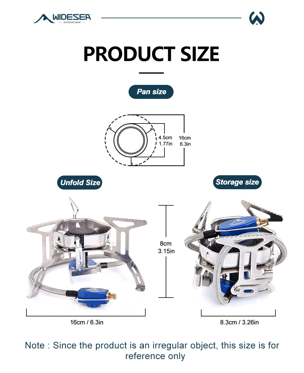 Widesser camping stove with measurements for pan size, unfold size, and storage size on a white background.
