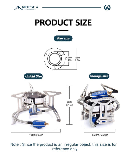 Widesser camping stove with measurements for pan size, unfold size, and storage size on a white background.