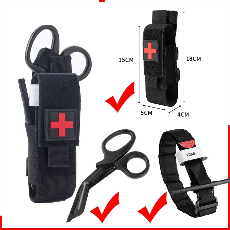 First aid kit with scissors, bandage, and measuring dimensions on a white background