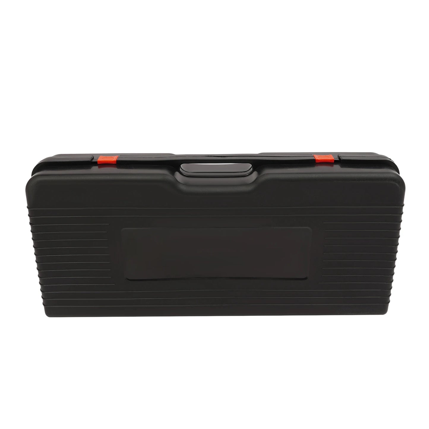 Black hard-shell carrying case with red latches on a white background