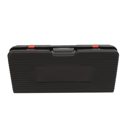 Black hard-shell carrying case with red latches on a white background