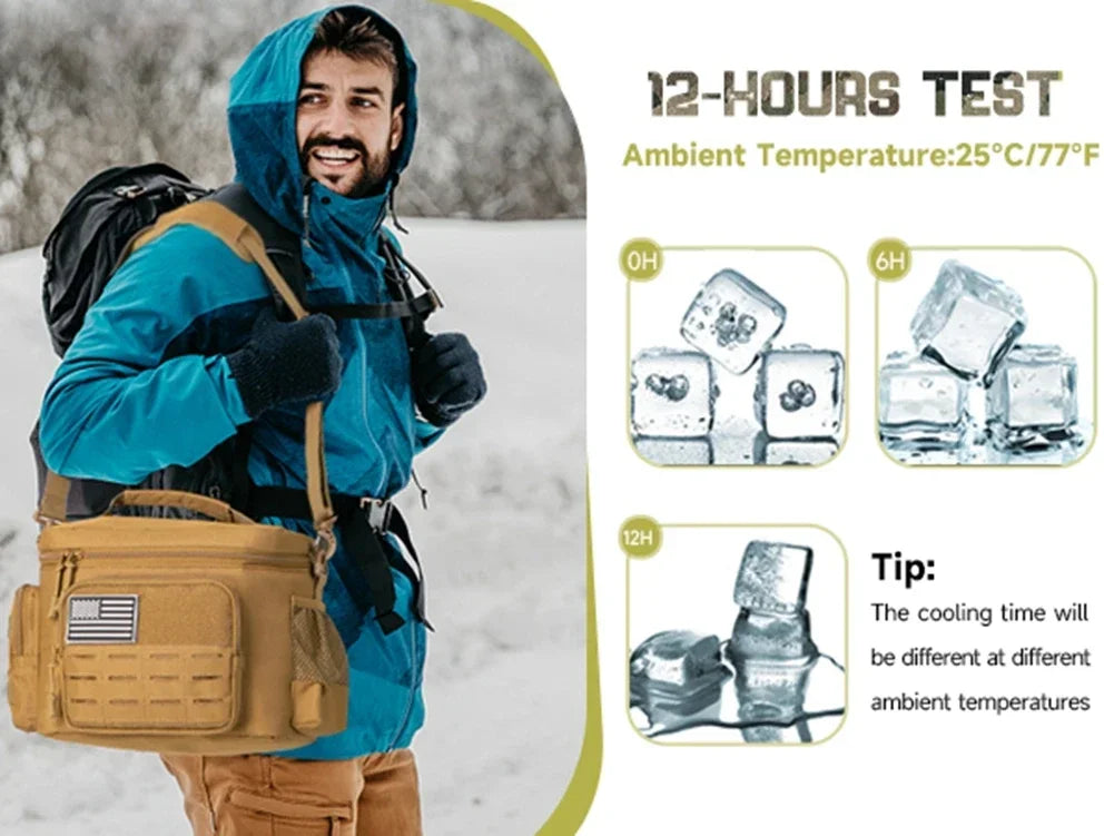 Person wearing a blue jacket and carrying a brown bag with ice cubes shown over time on the right.