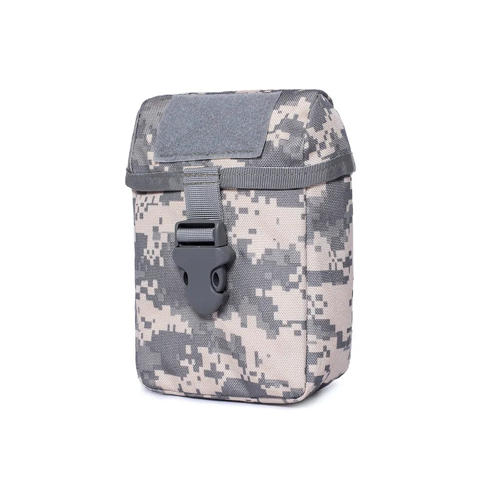 Camouflage bag with a gray buckle on a white background