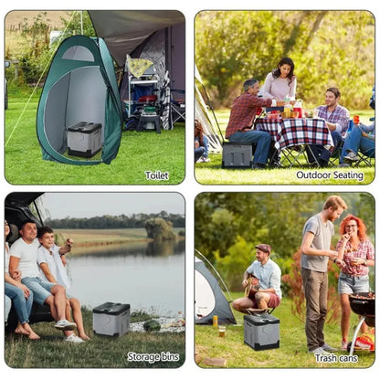Collage of camping scenarios with toilet, outdoor seating, storage bins, and trash cans.