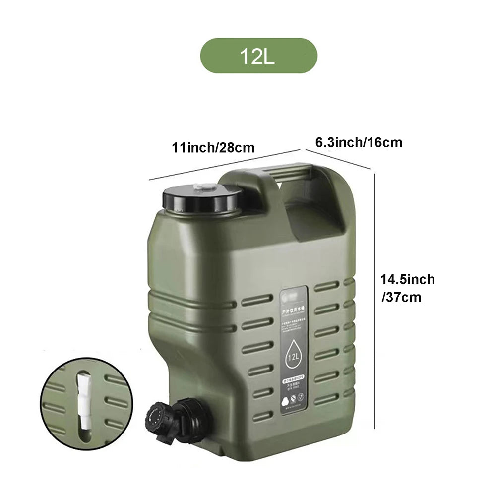 Green water container with dimensions on a white background