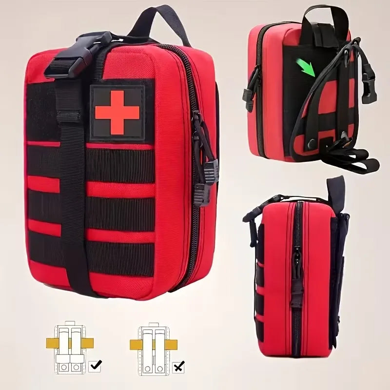 Red and black first aid kit pouch shown from multiple angles on a light beige background, with two small diagram thumbnails at the bottom illustrating strap attachments.