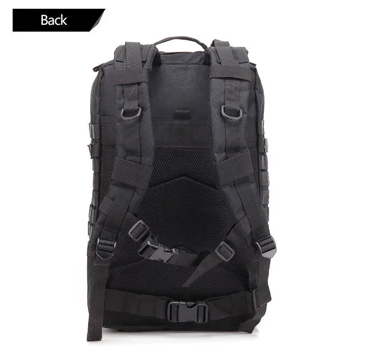 Black tactical backpack shown from the back on a white background
