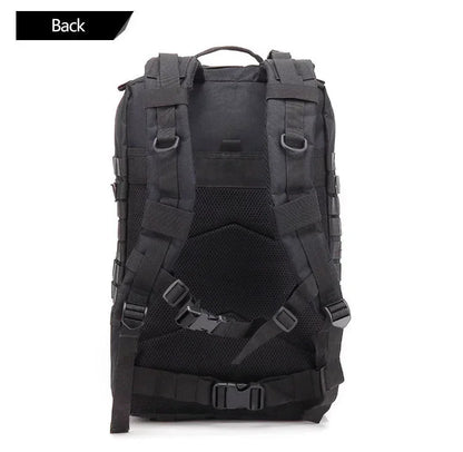 Black tactical backpack shown from the back on a white background
