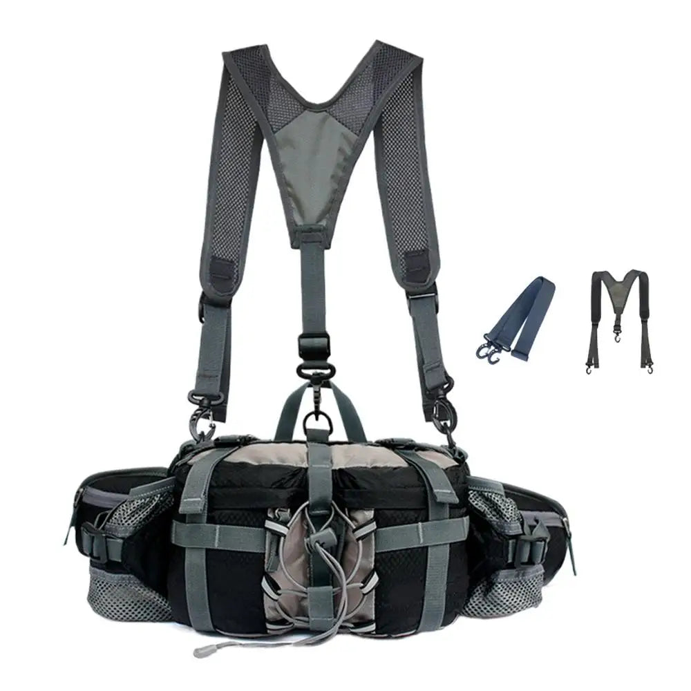 A black and gray tactical camera shoulder harness bag with adjustable shoulder straps and waist belt, shown on a white background with two smaller accessory views on the right.