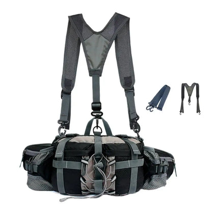 A black and gray tactical camera shoulder harness bag with adjustable shoulder straps and waist belt, shown on a white background with two smaller accessory views on the right.