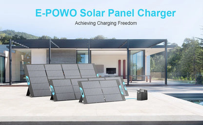 E-POWO solar panel charger with a modern house and pool in the background