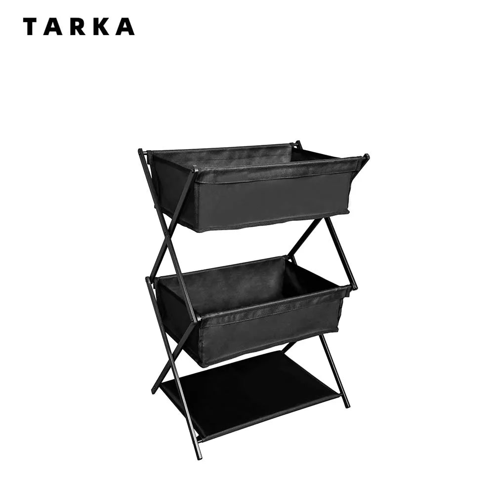 Black metal three-tiered storage shelf with TARKA branding on a white background