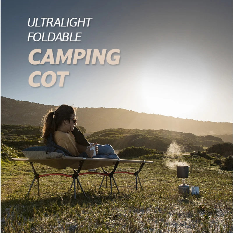 Person sitting on an ultralight foldable camping cot in a scenic outdoor setting with text overlay.