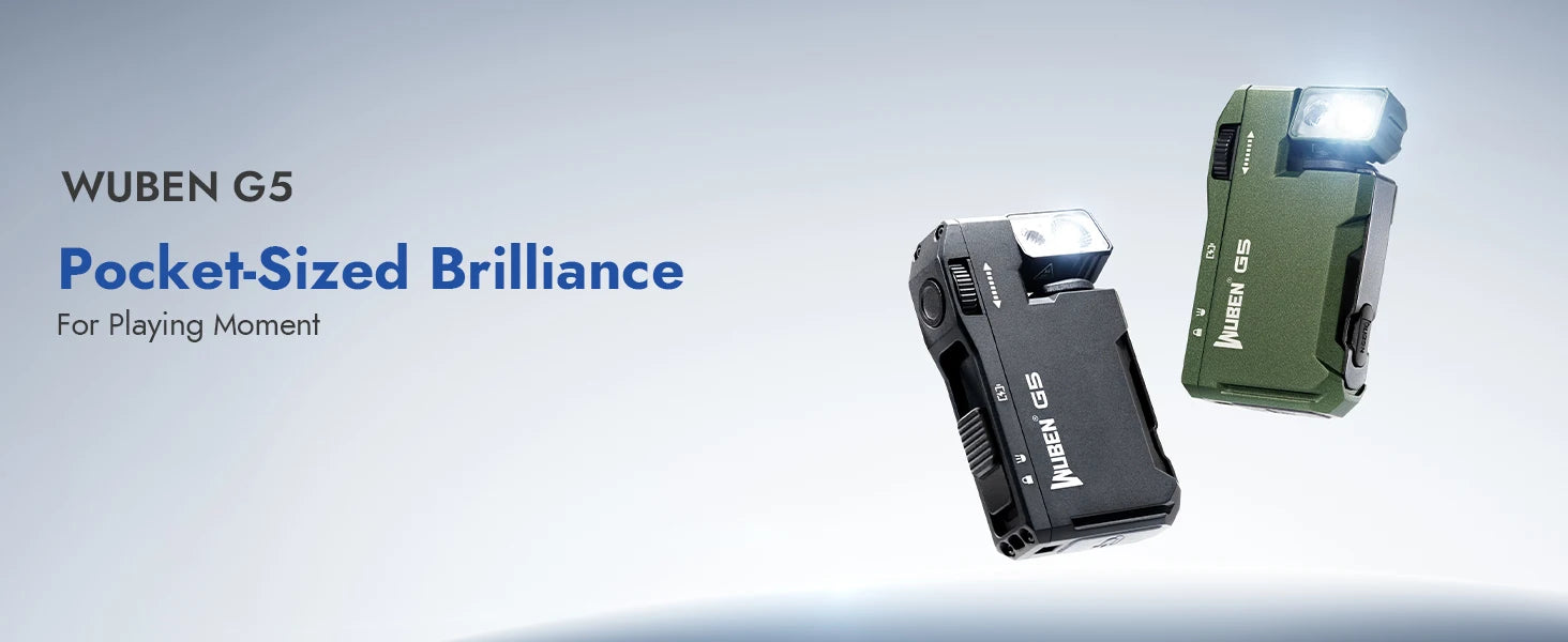 Two Wuben G5 flashlights on a light gray background with text highlighting their pocket-sized design.
