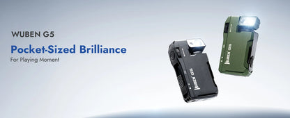 Two Wuben G5 flashlights on a light gray background with text highlighting their pocket-sized design.