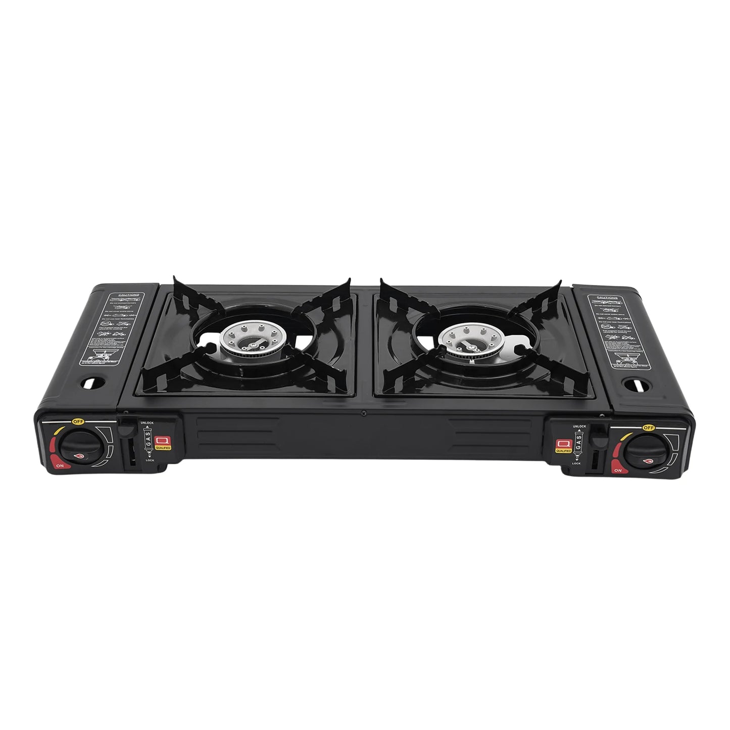 Double burner gas stove on a white background