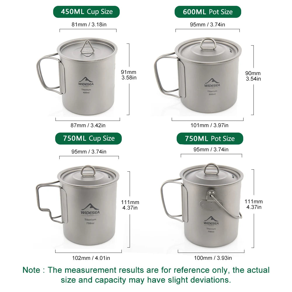 A size comparison chart showing four views of a silver camping mug with lid, labeled for 450ML cup size, 600ML pot size, 750ML cup size, and 750ML pot size, with dimensions and a note about measurement accuracy.