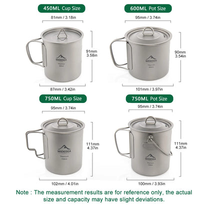 A size comparison chart showing four views of a silver camping mug with lid, labeled for 450ML cup size, 600ML pot size, 750ML cup size, and 750ML pot size, with dimensions and a note about measurement accuracy.