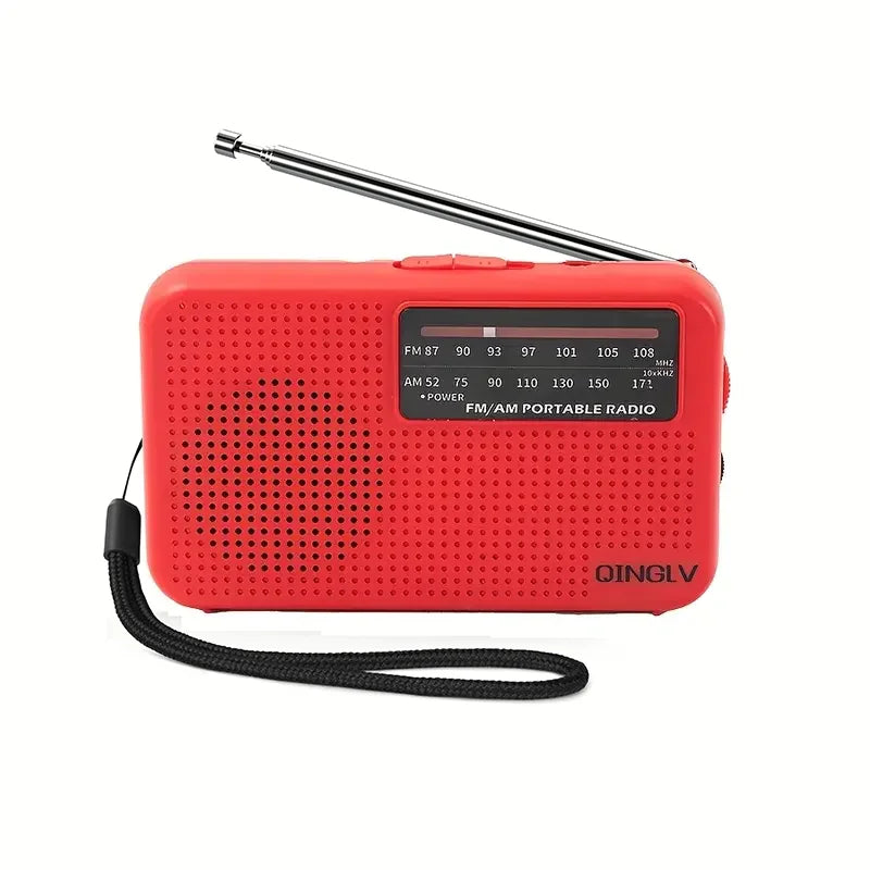 Red portable radio with a visible brand logo on a white background
