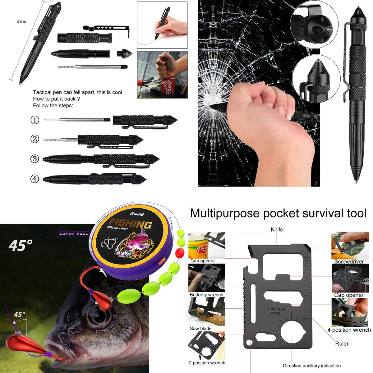 Multifunctional tactical pen with various tools and fishing equipment on a black background