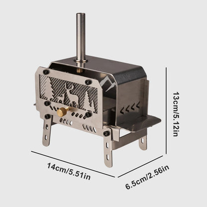 Small metal stove with dimensions indicated on a light gray background