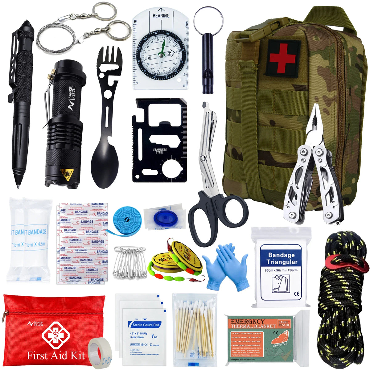 Collection of survival tools and first aid supplies including a camouflage backpack, knife, flashlight, and bandages.