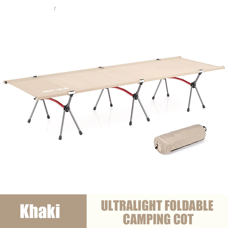 Khaki ultralight foldable camping cot with rolled-up cover on a white background