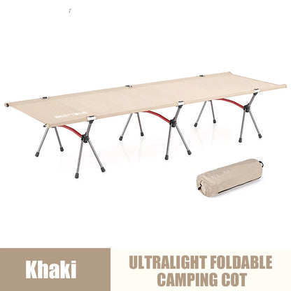 Khaki ultralight foldable camping cot with rolled-up cover on a white background