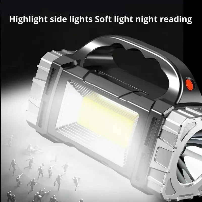 Portable work light with a black background and text overlay.