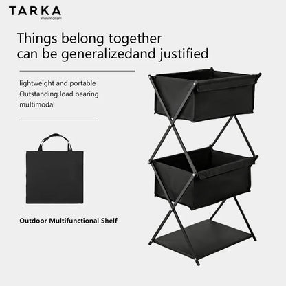 Black outdoor multifunctional shelf with a tote bag on a white background, featuring TARKA branding.