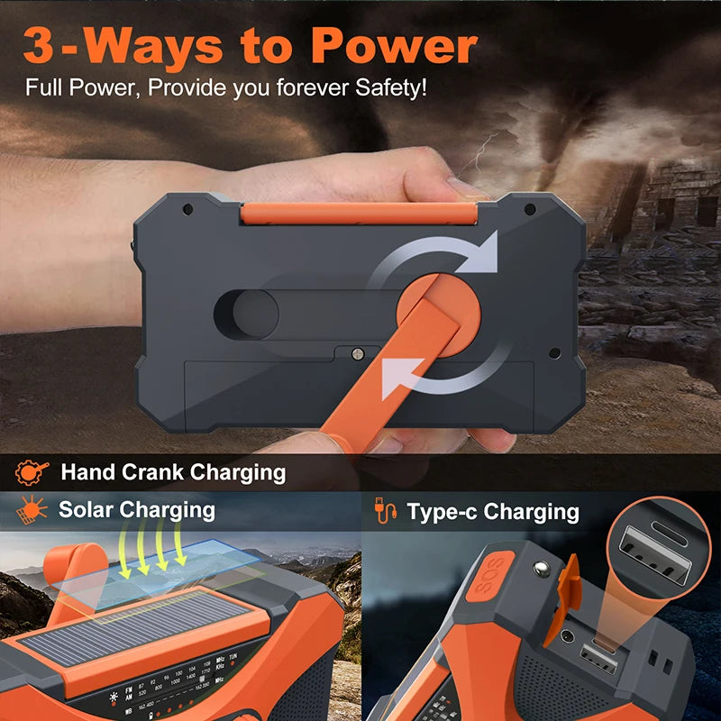 Multifunctional power bank with hand crank, solar panel, and Type-c charging ports against a natural background.