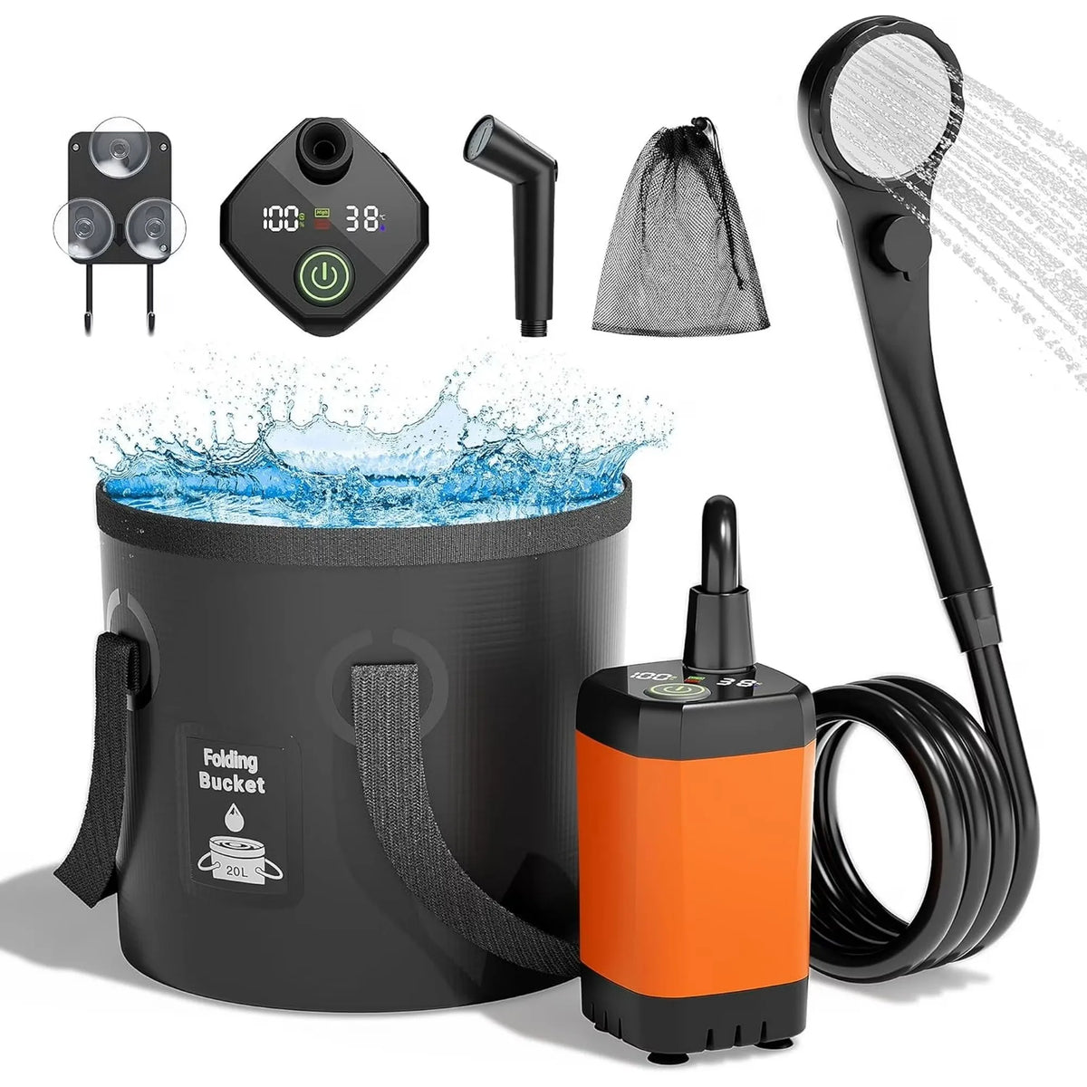 Portable folding bucket shower system with a black collapsible bucket, handheld shower head, orange and black pump, hose, filter strainer, and mesh filter bag on a white background.